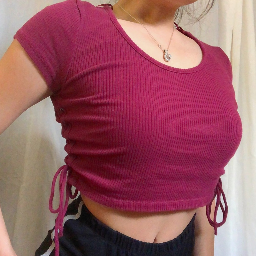 maroon ruched side drawstring crop top